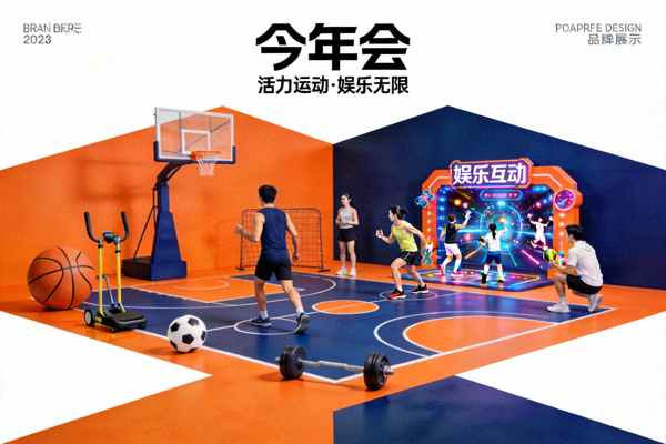 今年会品牌展示图，橙色与深蓝色搭配的体育娱乐服务视觉画面